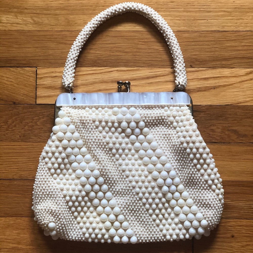 Vintage Cream Beaded Top-Handle Bag